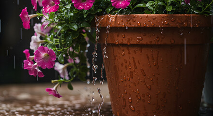 Pink Petunias Blooming In Terracotta Pot Water Cascading Down During Rainfall