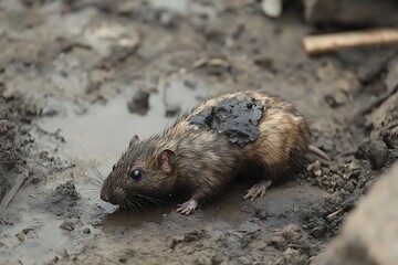Muddy rat in a dirty puddle