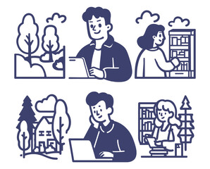 Engaging Cartoon Doodles of People, Nature, and Reading Scenes