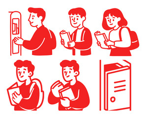 Cartoon Doodle of Students Engaging with Books and Learning Tools