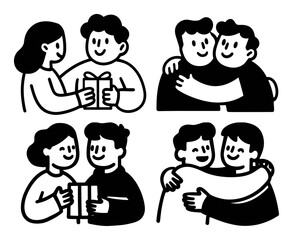 Friendly Doodles of Couples Sharing Gifts and Warm Embraces