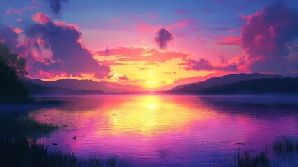 Fototapeta premium Spectacular panoramic landscape featuring vivid sunset reflections in tranquil lake