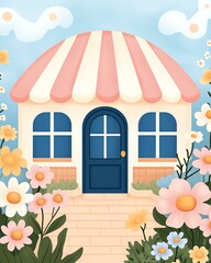 A charming pink house at sunset Charming illustration of a quaint house surrounded by colorful flowers under a blue sky, perfect for home and garden themes.
