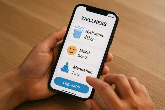 Close-up of hands using a mobile wellness app for tracking hydration, mood, or meditation