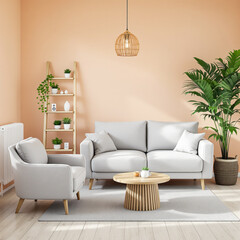 A comfortable gray sofa sits in a warmly lit living room.