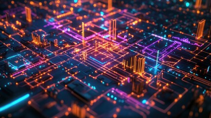 Fototapeta premium Futuristic cityscape with neon lights and digital circuits
