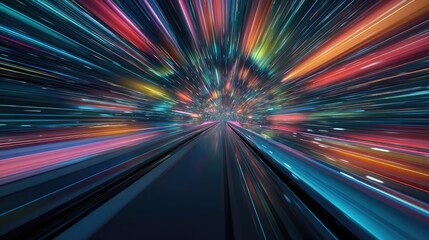 A vibrant, abstract representation of speed and motion through a colorful tunnel of light.