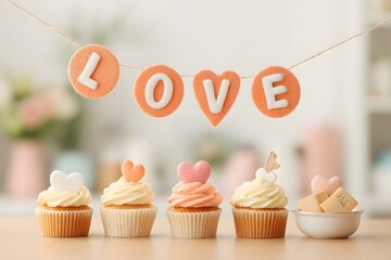 Sweet Delights: A mouthwatering array of five cupcakes, each topped with a unique icing design and tiny heart, arranged beneath a banner spelling out "LOVE". A sweet treat!