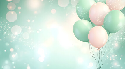 Pastel birthday celebration with confetti and balloons in a mint green party background