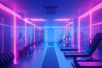 Futuristic gym interior with translucent equipment and neon light beams, modern fitness space design.