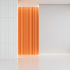 A vertical orange wooden panel stands against a white wall in a modern interior.
