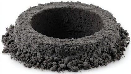 A dark, textured ring with a central void, resembling a miniature, porous crater or a dense, circular formation