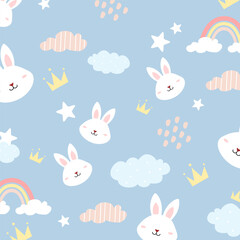 Rabbit seamless pattern with cloud, rainbow and star decoration