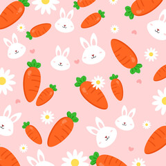 Rabbit and carrot seamless pattern with heart and flower decoration. Spring theme vector cartoon. Cute rabbit illustration