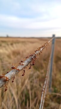 Ants on a wire fence in a field