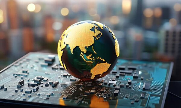 A globe made of circuit boards and microchips, sitting on top of an iPhone with the screen facing forward. The background is blurred to emphasize the world globe. There are buildings visible