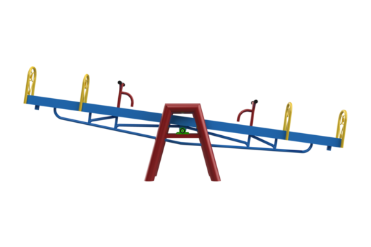 Colorful Teeter-Totter for Children's Play Area Fun and Interactive Seesaw for Multiple Children Outdoor Playground Equipment: Four-Seat Seesaw Blue and Red Cheerful on a Transparent Background PNG