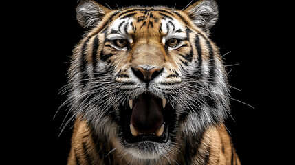 Majestic tiger roaring fiercely against a black background, showcasing its powerful presence