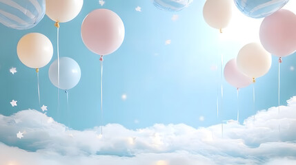 Birthday celebration with pastel balloons and confetti sky blue party background festive atmosphere whimsical view