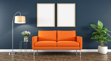 An orange sofa sits before a dark blue wall with two empty frames.