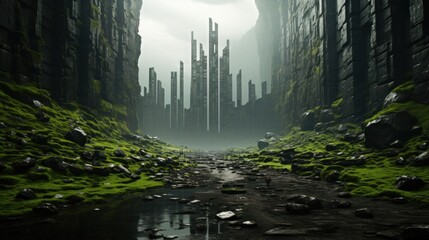 Moss-Covered Canyon Leading to a Mysterious City Ruins