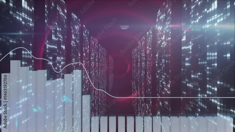 Poster data visualization moving through digital tunnel, featuring translucent 3d bar chart and line graph