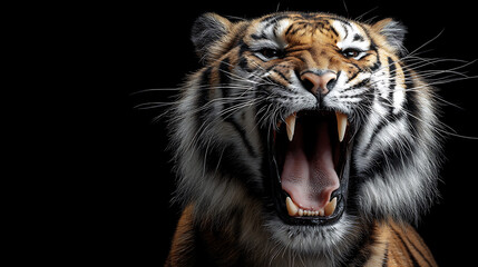 Obraz premium Fierce tiger roaring with bared teeth against a stark black background, showcasing its power