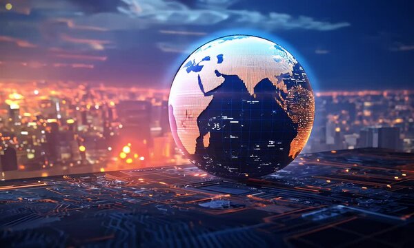 A globe made of circuit boards and microchips, sitting on top of an iPhone with the screen facing forward. The background is blurred to emphasize the world globe. There are buildings visible