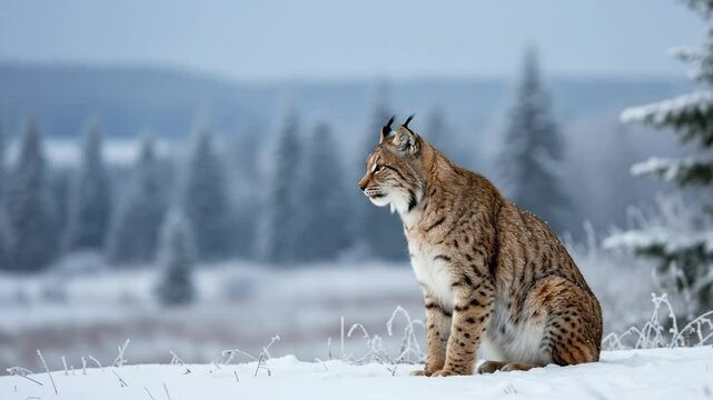 Eurasian lynx sitting alert in snowy winter forest landscape video footage.