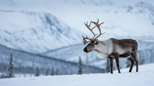 Reindeer caribou with large antlers standing in snowy winter landscape video footage. Arctic wildlife animal in cold frozen north nature. Wilderness, survival, Rangifer tarandus in taiga forest