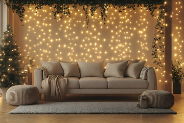 Cozy Living Room with Fairy Lights and Christmas Tree