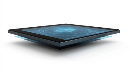 Futuristic Tablet with Digital Interface and Neon Glow on White Background