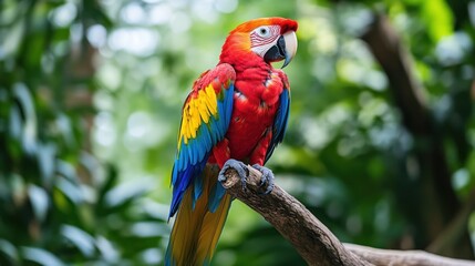 Vibrant scarlet macaw perched on a branch in a lush tropical environment