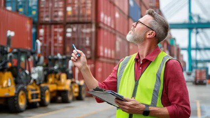 Man in Safety Vest Checking Inventory at Shipping Warehouse Surrounded by Cargo Containers - Powered by Adobe