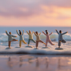 Naklejka premium Harmony on the Shore: Tiny figures find their balance on the sand as the ocean softly touches the shore, each embodying tranquility through yoga.