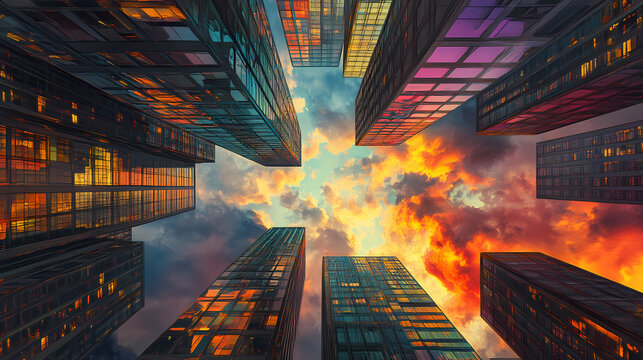 Skyscraper piercing a vibrant sky showcasing architectural prowess in urban setting. [Architectural Dreams] | Fractal Floors | recursive tiling. Illustration