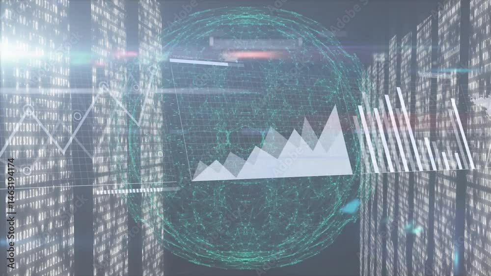 Poster Holographic line and bar chart floating in digital space, visualizing data with binary code streams