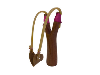 wooden slingshot with leather isolated on white background Thailand.