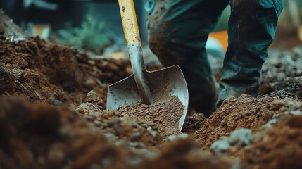Fototapeta premium Person Digging with a Shovel in Soil