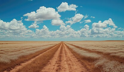 Fototapeta premium Open Road Through Golden Fields Under a Blue Sky
