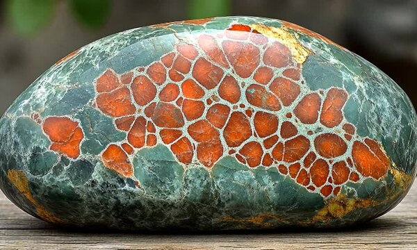 A beautifully polished stone displaying vibrant red and green patterns on a wooden surface