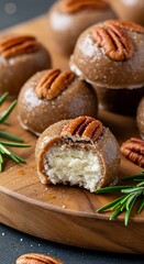 Fototapeta premium Pecan-studded fat bombs with coconut oil, erythritol, and cinnamon. Close-up of glossy texture, festive holiday plating