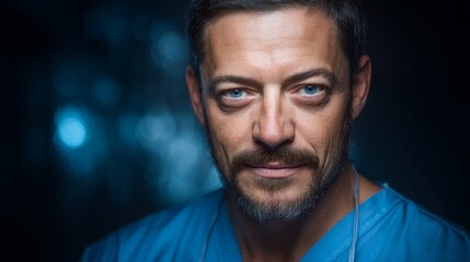 Obraz premium A confident surgeon in blue scrubs, embodying expertise and dedication in healthcare. 