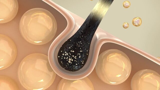 Nourishing hair effect of shampoo or essence oil. Concept repairs damaged hair and makes it soft and smooth. Activates deep cells of scalp, concept shampoo hair care advertising,3d animation.