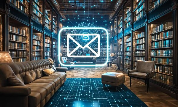 A futuristic library with digital elements, featuring a glowing email icon and cozy seating