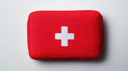 Fototapeta premium Red First Aid Kit with Medical Cross Symbol on White Background for Emergency Preparedness and Health Care