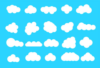 A vector illustration of clouds. Multiple stylized white cloud shapes with smooth outlines are arranged in rows against a bright, solid blue background, creating a clean, cheerful sky motif.