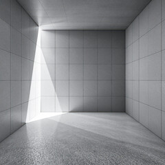 Obraz premium A stark, gray concrete room features a single rectangular window casting a bright beam of light.