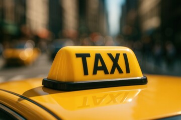 Yellow taxi cab sign illuminating busy city street