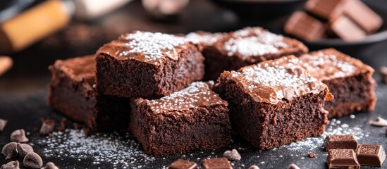 Delicious chocolate brownies dusted with powdered sugar.